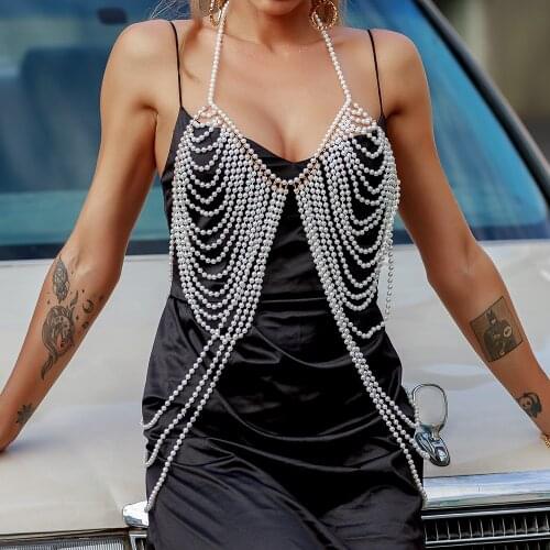 Adjustable Halter Pearl Bra Body Chain Womens Fashion Shoulder Sling Bra Chain Jewelry Sexy Wedding Dress Accessories