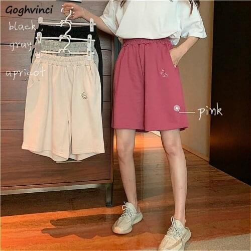 Shorts Women Solid Summer Elastic-waist Embroidery Thin Loose Korean Style Chic Womens Leisure Trendy New Stylish Wide-leg Retro