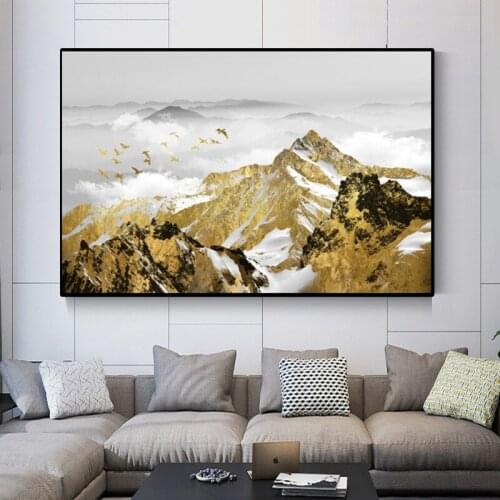 Modern Landscape Golden Mountain and Birds Posters and Print Wall Art Canvas Painting Wall Art Pictures Home Decoration No Frame