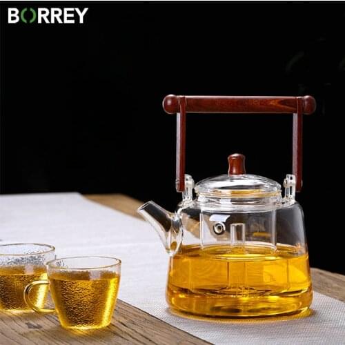 BORREY Glass 35 oz/1000ML Handle Teapot Boiling Steaming Teapot With 2 Detachable Tea Filter Suitable For Home Office Tea Sets