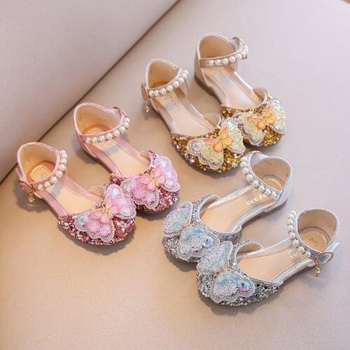 Girls Shoes Crystal Butterfly Princess Shoes Children Sandals Pearls Wedding Shoes Kids Bling Ankle Strap Party Baby Toddlers