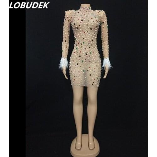 Evening Party Women Singer Host Model Stage Wear Multi-color Rhinestones Pearl Feather Sleeve Mesh Short Dress Nightclub Costume