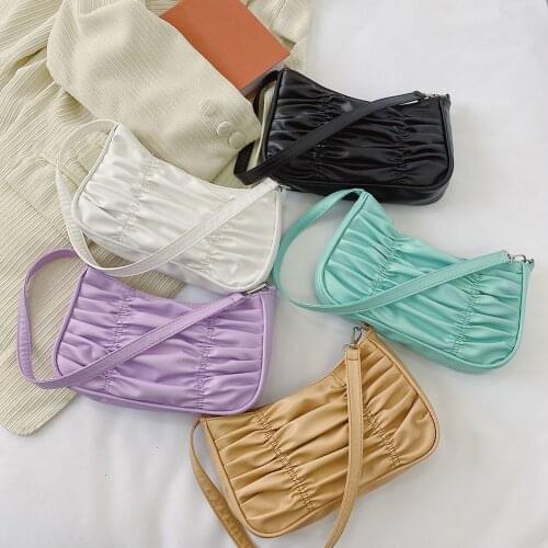 Vintage Women Pleated Square Bag Pure Color PU Leather Shoulder Underarm Bag Casual Ladies Small Purse Handbags