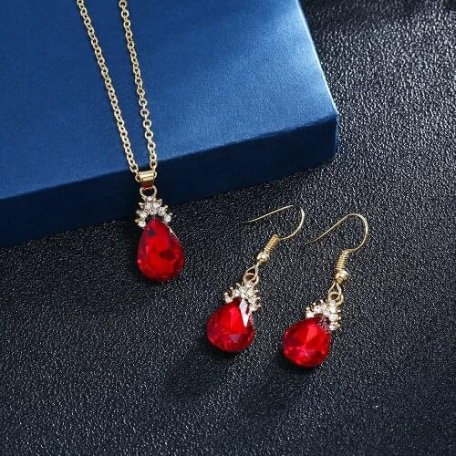 Japan and South Korea New Style Noble Red, Blue and White Gemstone Ladies Necklace and Earrings Two-Piece Prom Accessories Set