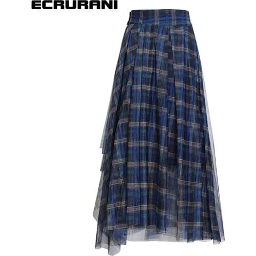 ECRURANI Blue Plaid Elegant Skirt For Women High Waist Hit Color Patchwork Midi Skirts Female Fashion Summer Clothing 2021 Style