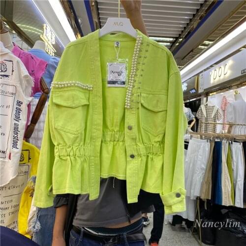 Candy Color Denim Jacket Women Women Spring Autumn 2021 New V-neck Beaded Design Long Sleeve Tight Waist Jean Coat Mujer