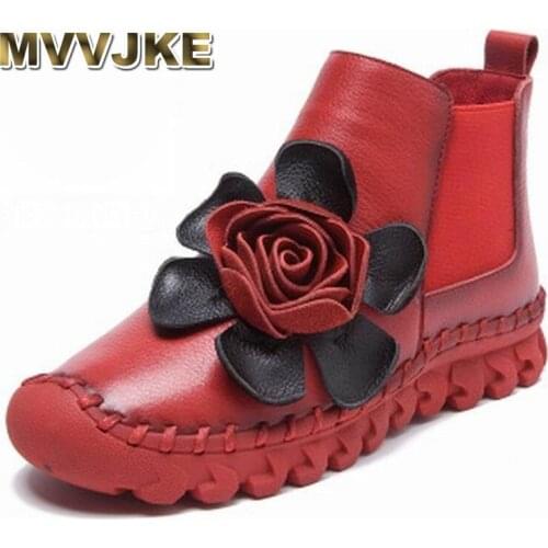 MVVJKE Big Flower Womens Ankle Boots Soft Flats Shoes Fashion Women Autumn Winter Genuine Leather Shoes Female Large Size 41