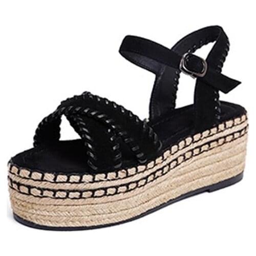 Carpaton Summer Rope Braided Flat Platform Sandals Sexy Open Toe Ankle Strap Cutouts Shoes Woman High Quality Shoes Black