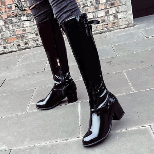 Sgesvier New Women Knee High Boots Round Toe Thick Heels Patent Leather Nightclub Fashion Boots Side Zip Platform Winter Boots
