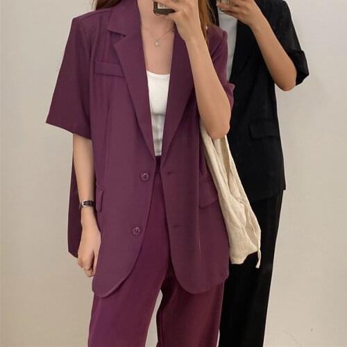Women 2piece Suits Coat 2021 Summer Short Sleeve Chic Elegant Blazer Coat Single Breasked Jacket High Waist Straight Suit Pants