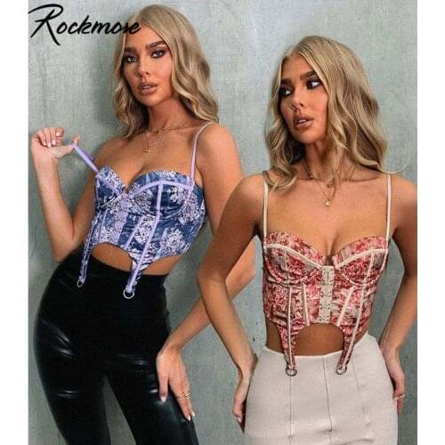Rockmore Sexy Vintage Corset Crop Tops For Women Flower Print Clothes Sleeveless Backless Button Tank Top Camis Summer Bustiers