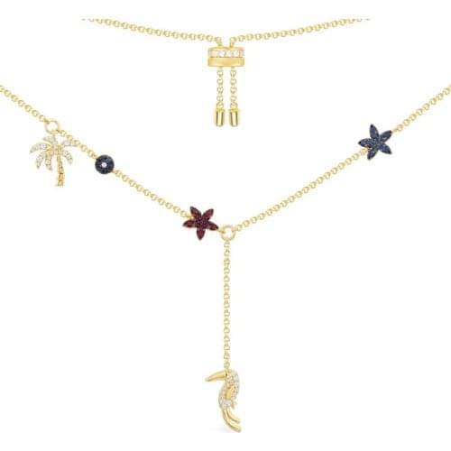 SLJELY Fashion Real 925 Sterling Silver Yellow Gold Color Tropical Jungle Charm Floral Palm Toucan Adjustable Necklace for Women