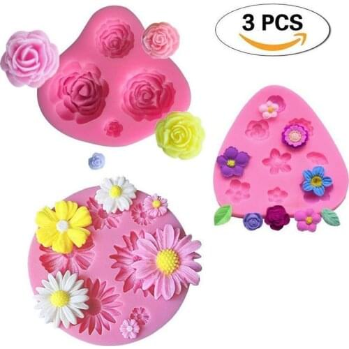 3 Pack Mini Flower Silicone Molds Rose Daisy Flower Molds Fondant Candy Chocolate Clay Mold Cupcake Topper Cake Decoration
