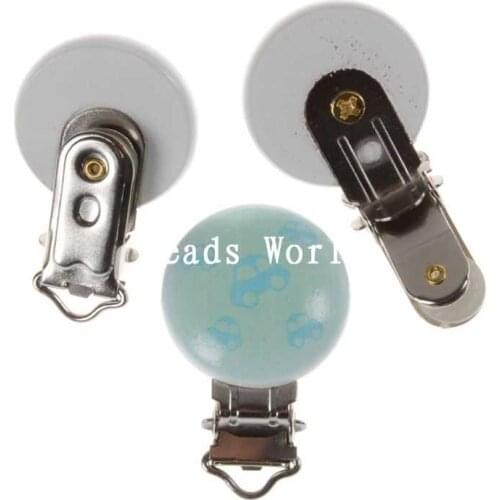 5 Pcs White Round Wood Cartoon Baby Pacifier Clip Holders Blue Car Pattern Cute Infant Soother Clasps Funny Accessories 45x29mm