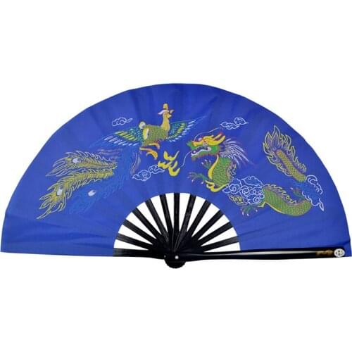 Bamboo Kung Fu Fighting Fan, Martial Arts Practice Performance Fan,Wu Shu Fan, Dragon And Phoenix(blue)