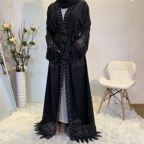 Middle East Ramadan Muslim Abaya Beading Luxury Party Evening Maxi Robe Gown Turkish Arab Jilbab Open Kimono Lace Patchwork New