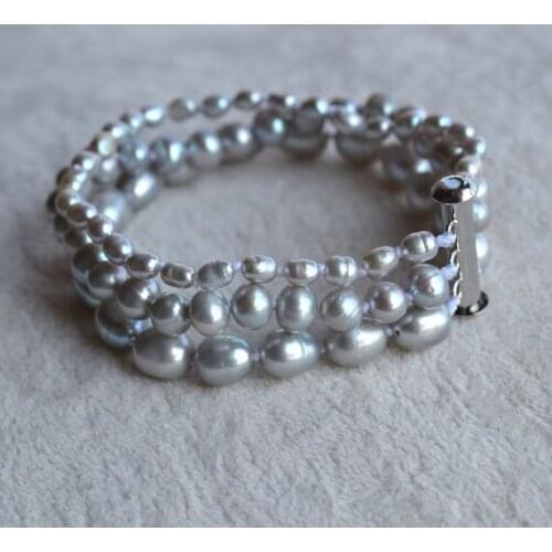 Handmade Real Pearl Bracelet 3 Rows 3-8mm Gray Color Freshwater Pearl Bracelet Magnet Clasp Wedding Party Women Gift Jewelry