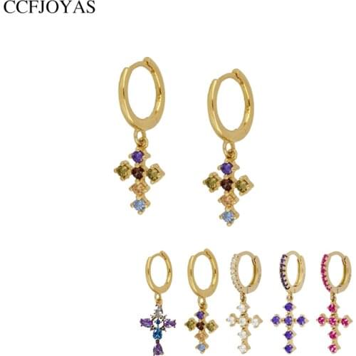 CCFJOYAS 925 Sterling Silver Cross Hoop Earrings Women Charming Rainbow/Purple/Rose red/White Color Zircon Gold Earrings