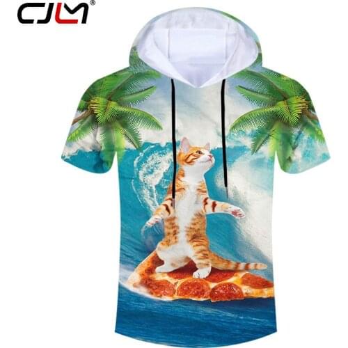 CJLM Hooded T Shirts Man Hot Short cute cat 3D Tee Shirt Print cute cat Hiphop Oversized Clothing Male Summer Hoodie Tshirt