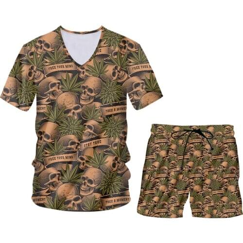 IFPD Mens Summer Sportwear 3D Skull Weed Printed T Shirt And Shorts Suit Hip Hop Harajuku Dropshipping Streetwear Oversized 6XL