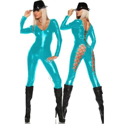 16 Colors Front/Back Deep V-neck Jumpsuit Sexy Hollow Out Cosplay Catsuit Novelty Lace Up Legs Romper Faux Leather Clubwear