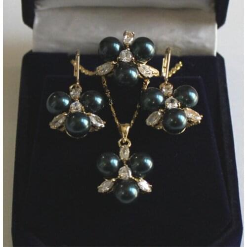 8mm Nanhai shell Black Pearl round pearl metal gold plated Earring Ring Pendant Necklace Set