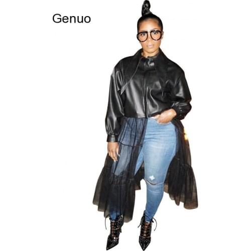 2020 Autumn New Jackets Women Fashion Solid Color Long Mesh Gauze Stitching Pu Leather Coat with Belt Female