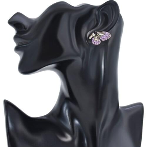 Fashionable Cute Inlaid Colorful Diamond Butterfly Symmetrical Earrings Color Purple Blue Rhinestone Animal Alloy Earrings