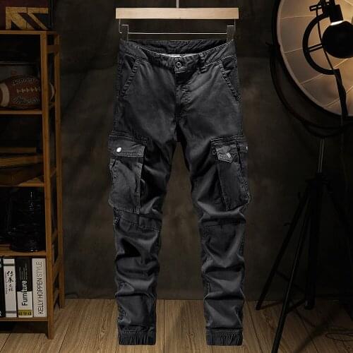 Mens Solid Color Workwear Mens Retro 2020 Fashion Mens Hip-hop Black Pocket Sweatpants Jogging Pants Retro Stretch Workwear