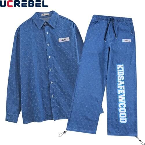 Letter Print Denim Suit Mens Autumn Casual Two-piece Suit Streetwear Loose Long Sleeve Sets Men