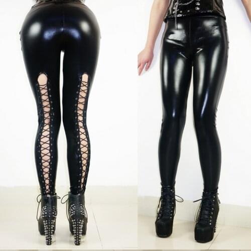 New Fashion Women Faux Leather Slim Strench Bodycon Leggings Thin Black Leggings Bottoms Lace-up Back Sexy Pants Pencil Leggings