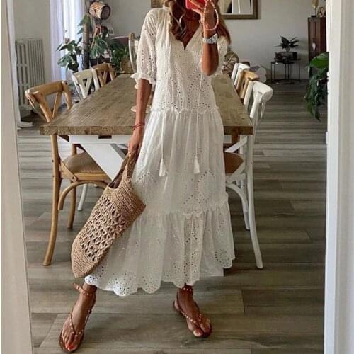 Boho Dress 2021 Autumn V Neck Tassel Solid Pleated Ruffle Long Dress Women Elegant Butterfly Sleeve Hollow Out Maxi Party Dress