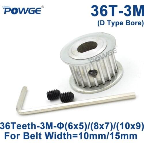 POWGE 36 Teeth HTD 3M Synchronous Pulley D Type Bore 6x5/8x7/10x9mm for Width 10/15mm 3M Timing belt HTD3M 36Teeth 36T