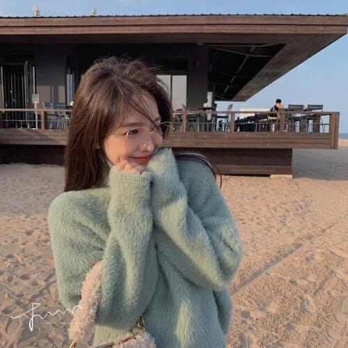 New Korean Women Knitted Sweater Autumn Winter Light Colour Mink Cashmere Soft Warm Pullovers Casual Loose High Collar Tops