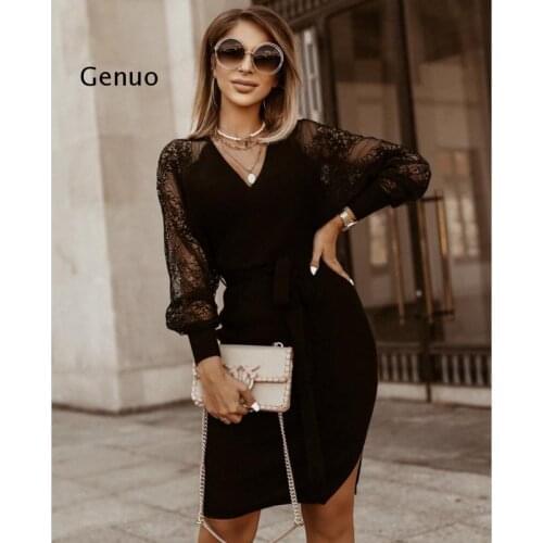 V Neck Tunic Sweater Dress 2020 Mini Sexy Lace Parchwork Cut Autumn Winter Solid Knitted Elegant Party Dress Women