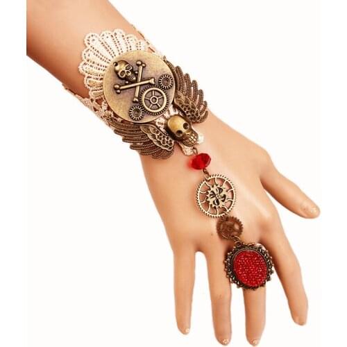 Vintage Hollow Lace Bracelets Rhinestone Antique Gold Color Skeleton Pendant Bangles Women Wedding Gothic Jewelry Link Chains