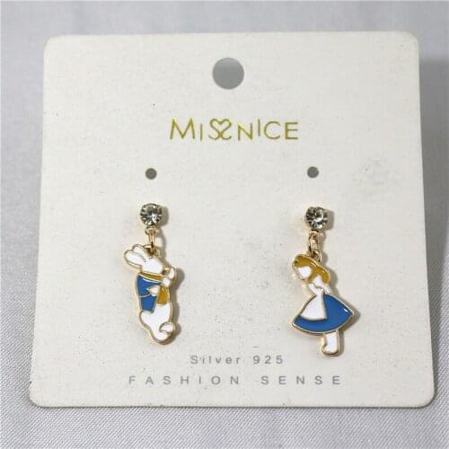 Japanese fashion jewelry asymmetric earrings Alice in Wonderland rabbit cartoon earrings ear clips without pierced ears