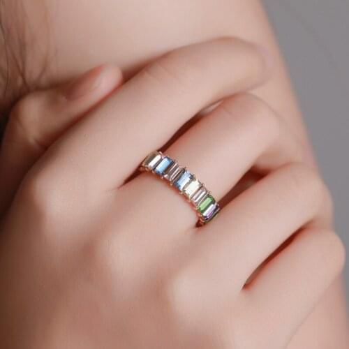 Rainbow Starry Bling Rectangle Rhinestone Retro Colorful Blue Yellow Green Purple White Copper Rings for Women