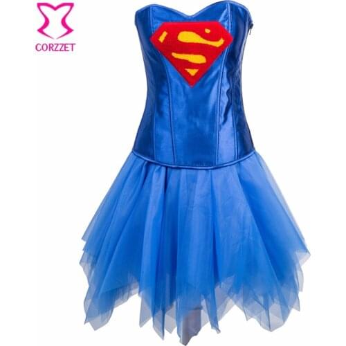Women Superhero Corset Dress Burlesque Costumes Blue Satin Corsets and Bustiers Sexy Gothic Clothing Corpete E Corselet Overbust