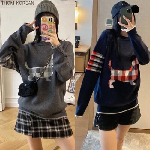 TB BROWIN Women Sweater Wool Dog Knitted Pullover Winter TB Striped O-Neck Long Sleeve Cotton Warm Coupe Wear Gift Korean High