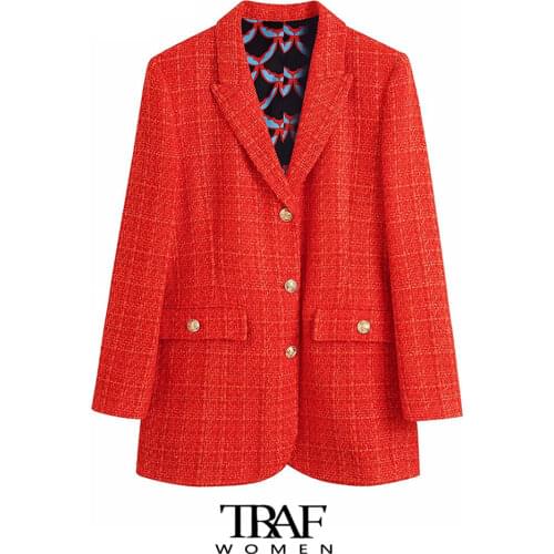Fashion With Print Lining Fitted Tweed Blazer Coat Vintage Long Sleeve Pockets Female Outerwear Chic Veste