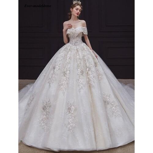 Luxury Off Shoulder Ball Gown Wedding Dresses 20213D-Floral Appliques Beaded Lace-up Wedding Gowns Bride vestidos de novia