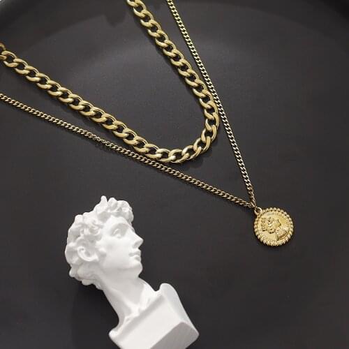 Delicate Stainless Steel Chains Jewelry Female 14K Gold Plated Double Necklaces for Women Queen Portrait Pendant Necklace Sets