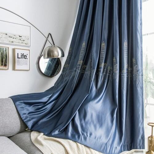 2021 New Simple Dark Blue Embroidered Curtains Fashion and Modern Style Blackout Curtains for Living Room and Bedroom