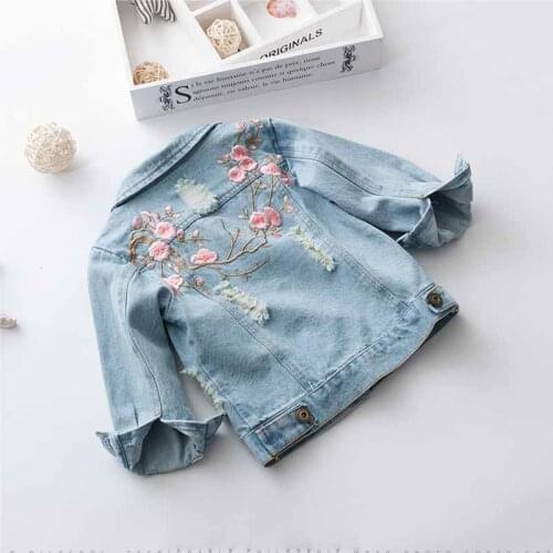 Girls Peach Blossom Embroidered Hollow Denim Coat Spring Autumn Childrens Jeans Jacket Baby Kids Leisure Outerwear Clothes B326