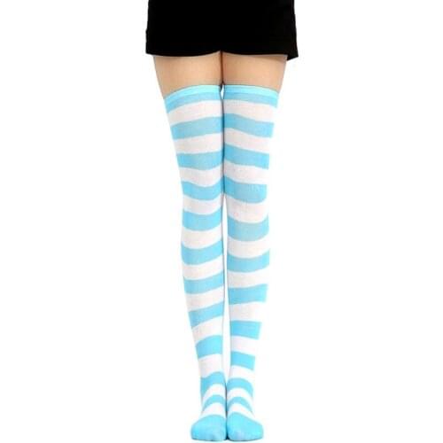 Women Girls Knitted Cosplay Long Socks Contrast Color Stripes Over Knee Thigh High Stocking Fancy Dress Halloween Party Costume