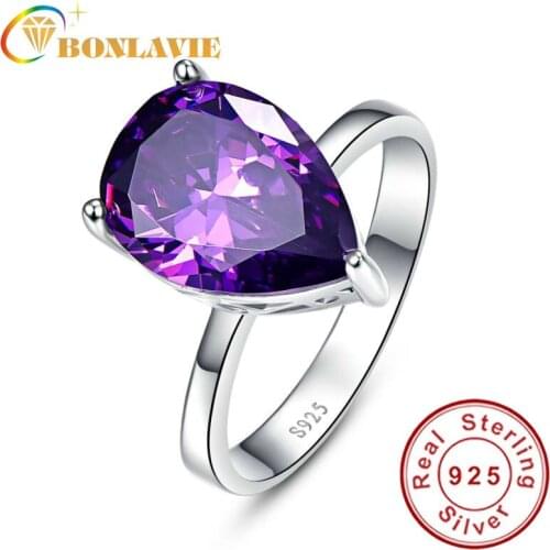 925 Sterling Silver Promise Wedding Ring Elegant Waterdrop Amethyst Pearl Cut 8.8 Carats Love Engagement Rings for Women