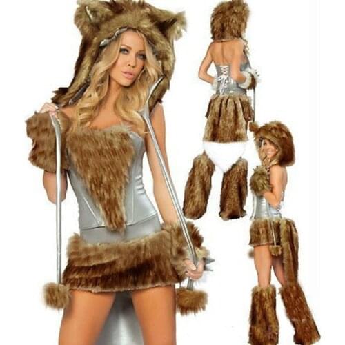 Hot Adult Sexy Big Bad Hairy Wolf Black Fox Cosplay Costume Feminino Theme Animal Halloween Fancy Dress Adult Costumes
