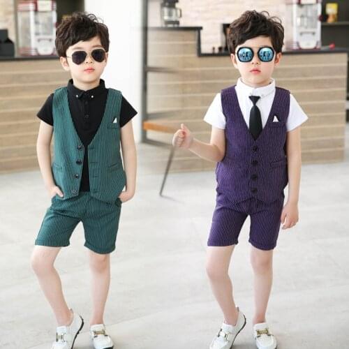 2021 Striped Summer Boys Suits Vest Shorts Shirts 3 PCS Children School Outfits Formal Gentleman Kids Clothes Sets Costumes