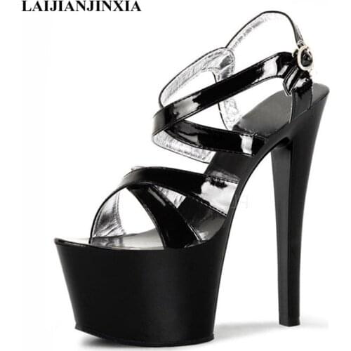 LAIJIANJINXIA New 17cm Black/silver high-heeled sandals stilettos sexy peep-toe wedding shoes bandage for womens shoes
